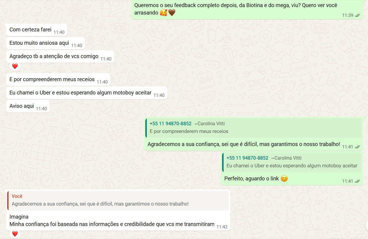 Depoimento de cliente SB — print da conversa